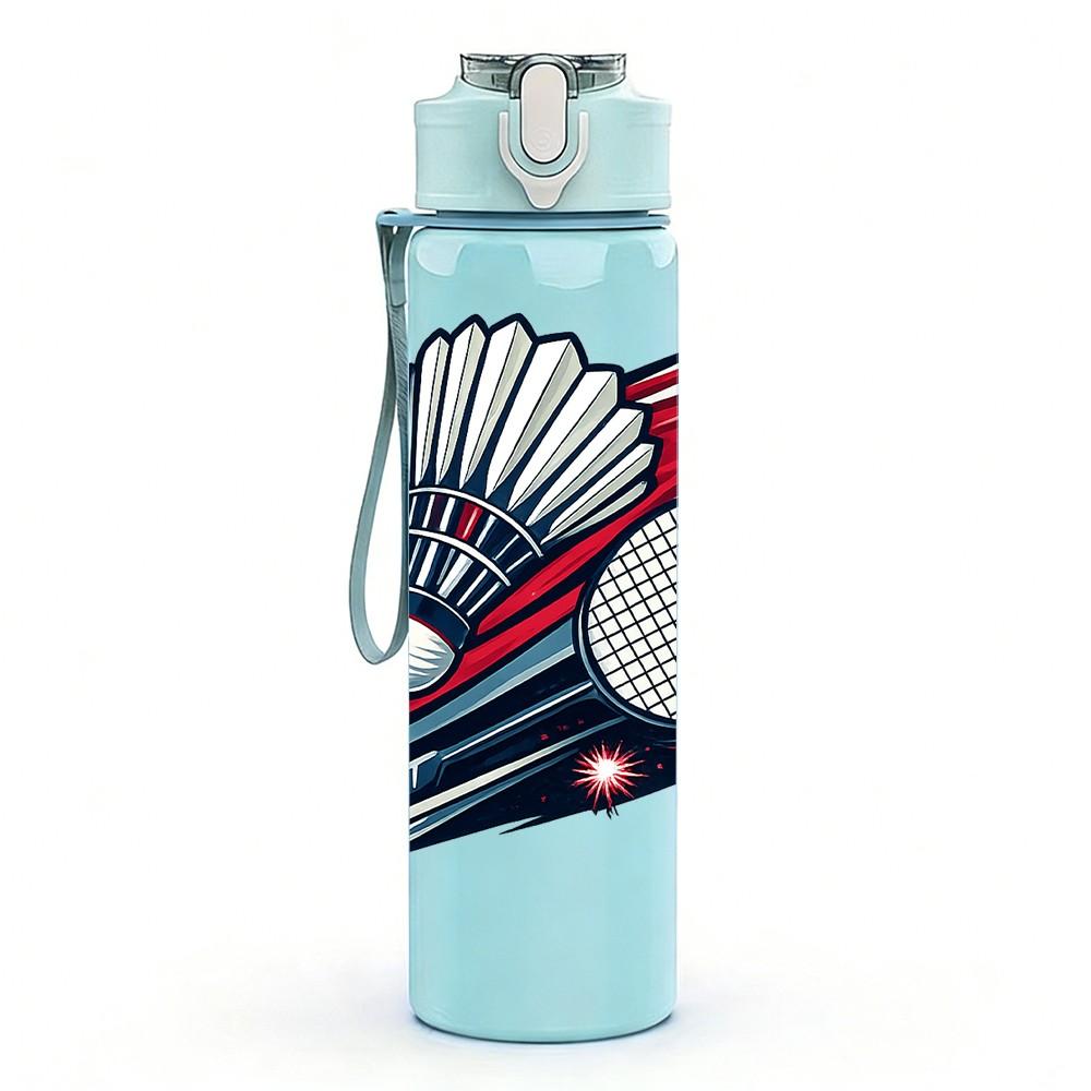 1PC Badminton Shuttlecock Racket Print 750ml Color Plastic Sports Water Bottle Leakproof Flip Straw Lid Suitable for Sports Office Home Use