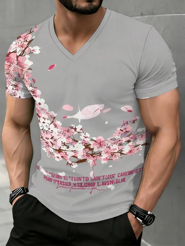 2026 Summer Style V-Neck T-Shirt Street Casual Fashion Comfortable Soft Breathable 3D Flower Pattern Print