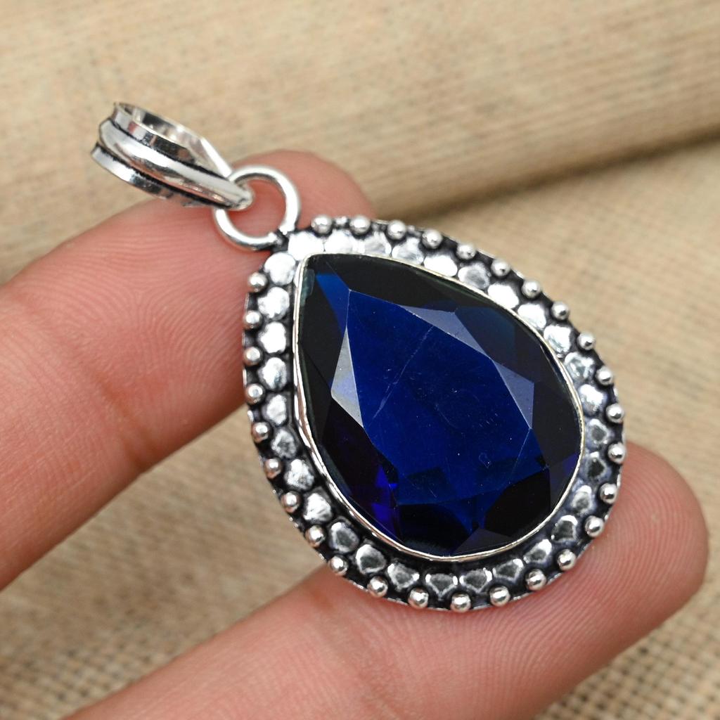 Lab-Created Blue Sapphire Gemstone Handmade 925 Sterling Silver Jewelry Pendant
