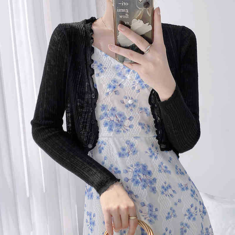 

Кардиган от солнца женский тонкий верхний блузон летний вязаный свитер шаль ледяной шелк маленькая жилетка куртка женская one size fits all чёрный