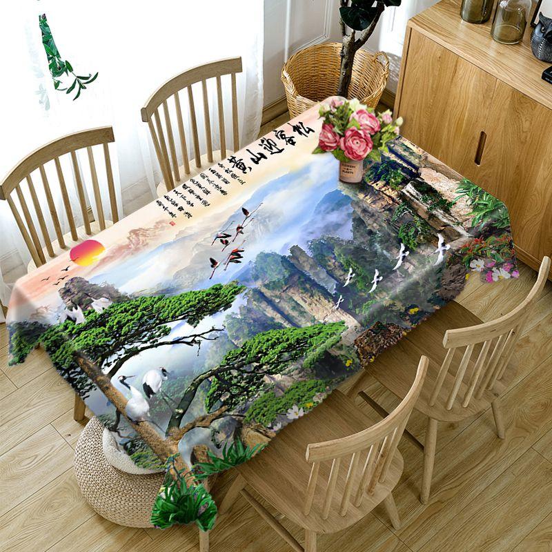 Chinese Style Tablecloth Waterfall And High Mountains Landscape Pattern Washable Thicken Rectangular Table Cloth For Wedding