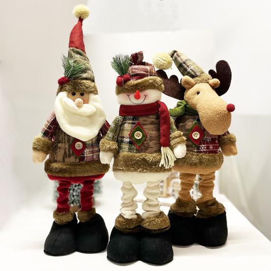 Christmas Plush Doll Plaid Standing Santa Snowman Reindeer Plush Figure with Retractable Legs for Xmas Holiday Party Fireplace Table Decor