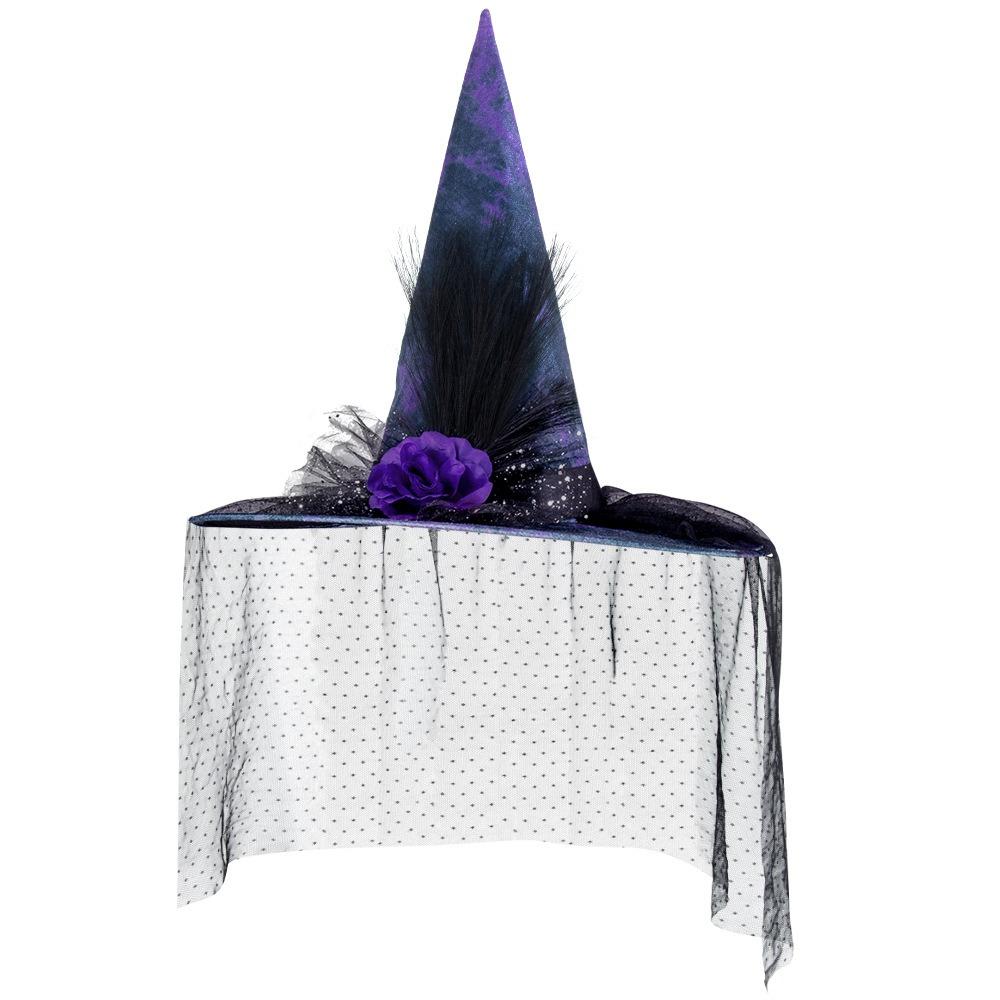

Pendant Halloween Witch Hats Purple Scarecrow Patch Witch Hat Creative Mesh Veil Wizard Cap Adult Style B