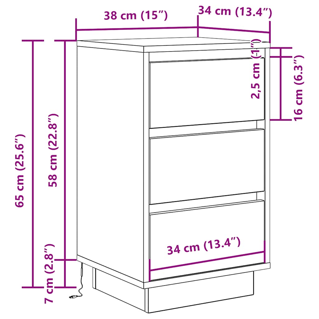 Nightstand with LED Lights Artisan Oak Finish 38 x 34 x 65 cm
