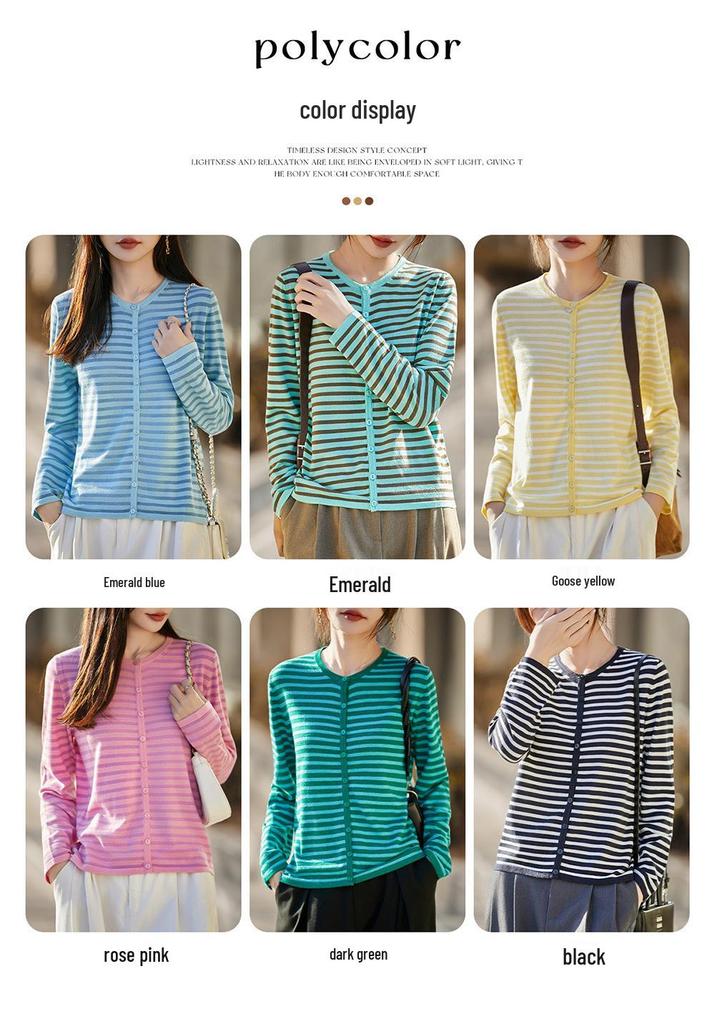 Women's Striped Round Neck Knit Cardigan - Spring & Autumn Casual Loose Fit