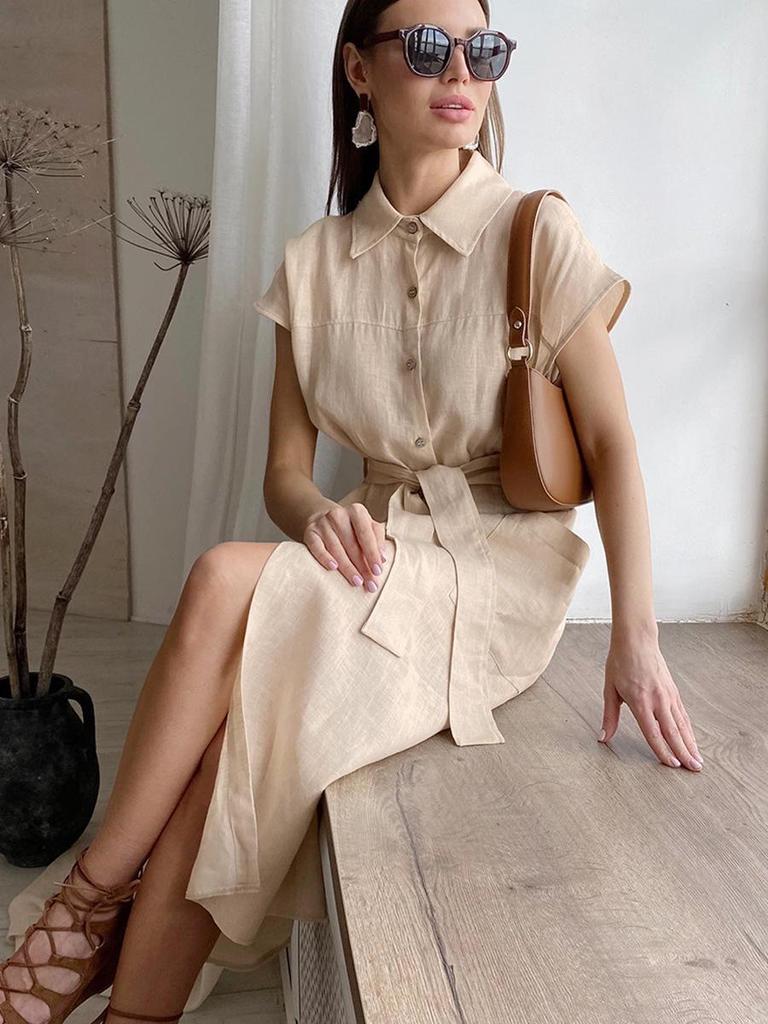 Elegant High Waist Sleeveless Cotton Linen Summer Dress with Turn-Down Collar