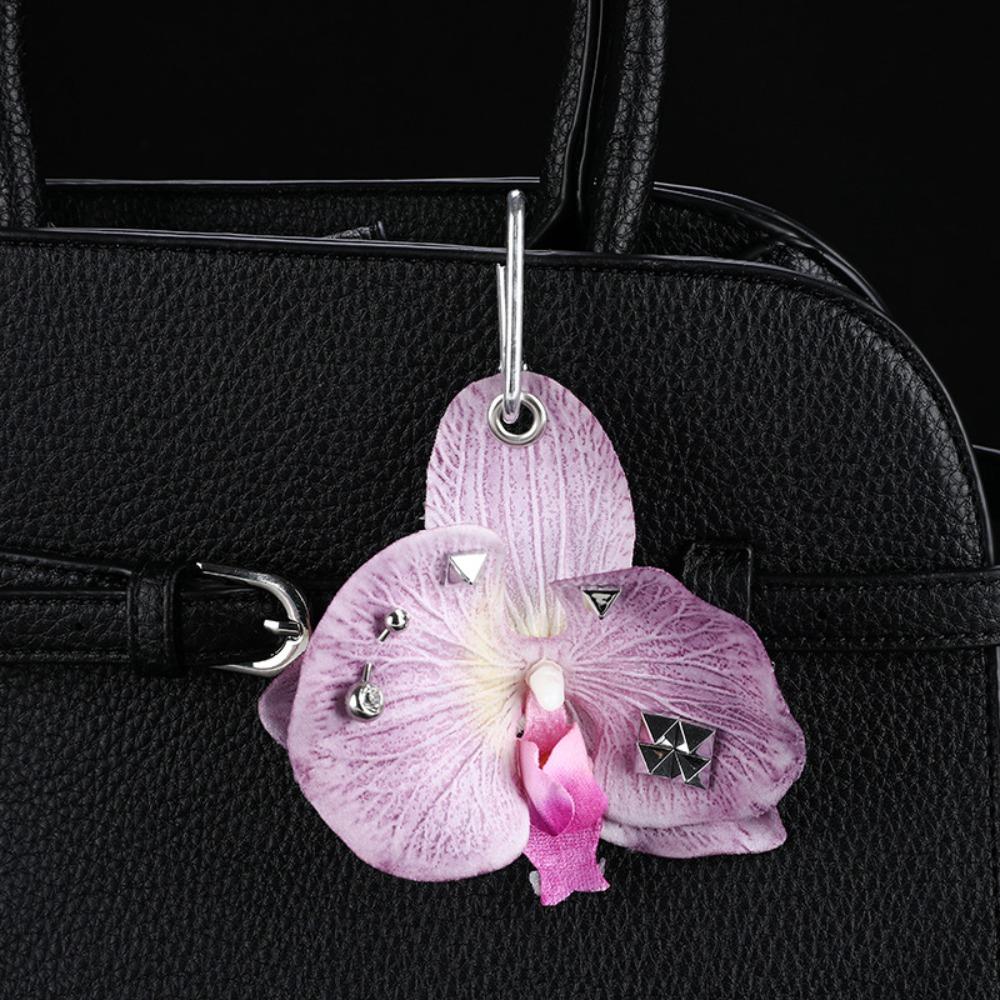 Leaves Phalaenopsis Orchid Keychain Puncture Rivet Bag Pendant Women Girls