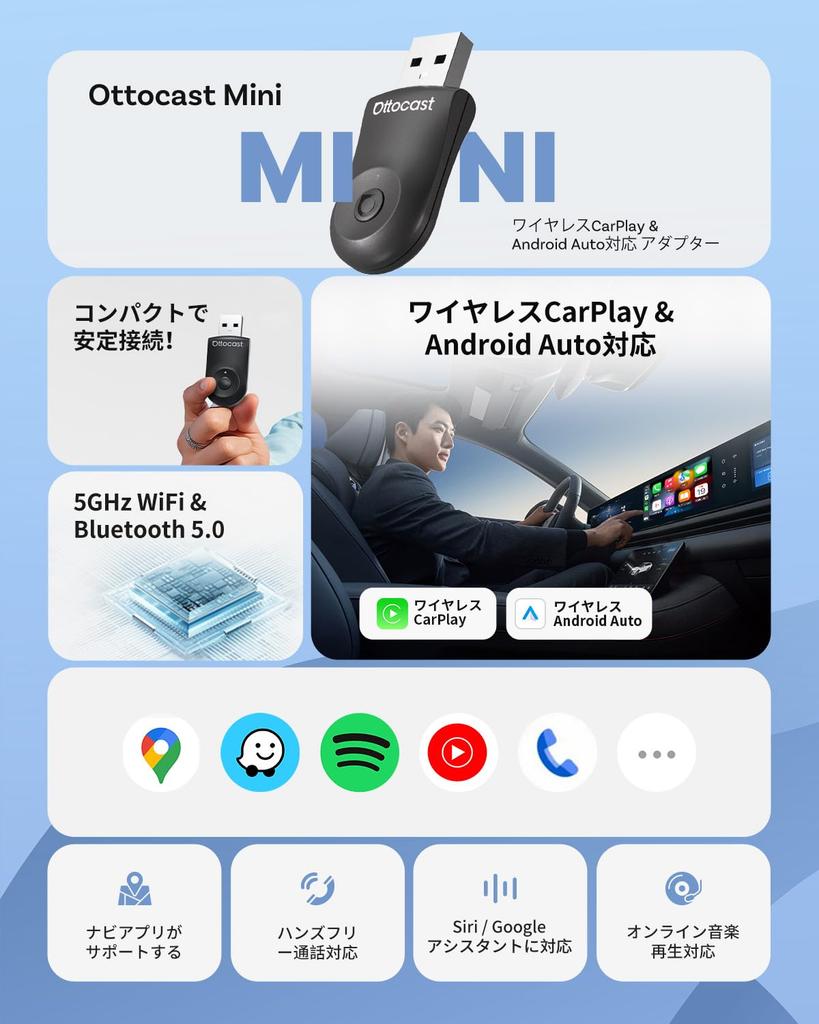 OTTOCAST Mini 2025 Newest Wireless CarPlay/Android Auto Adapter, Mini Compatible with Genuine Wired CarPlay/Android