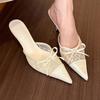 Cold and gentle feeling! Lace pointed head bow high heels women's sexy bag head half slippers