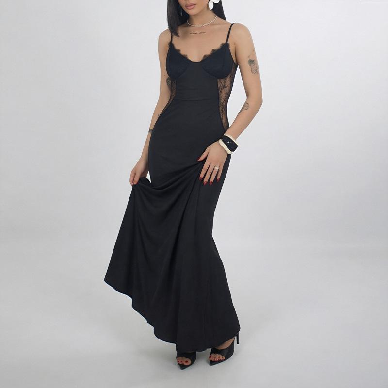 Women's Summer New Models, European and American Women's Clothing, Sexy Solid Color Lace Splicing Hollow Slim Dress
