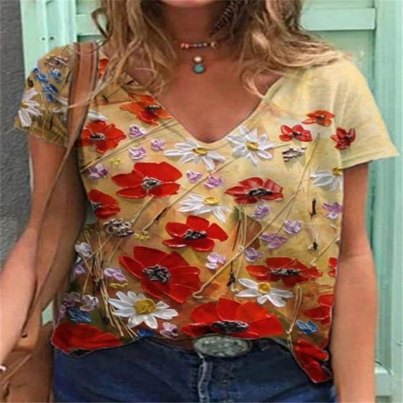 T-skjorte med V-hals for kvinner Street Trend Fritidsskjorte 3d-trykk Allsidige klær Løs mote Komfortabel halvermet
