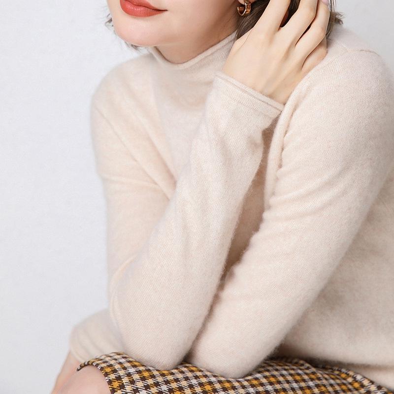 Women's Rolled Hem Half-High Neck 100% Wool Sweater - Stylish Autumn/Winter Base Layer