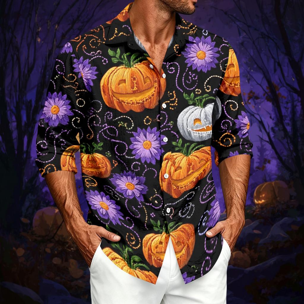 Men's Casual Long-Sleeve Shirt with Halloween Print for Spring ,Summer and Fall
