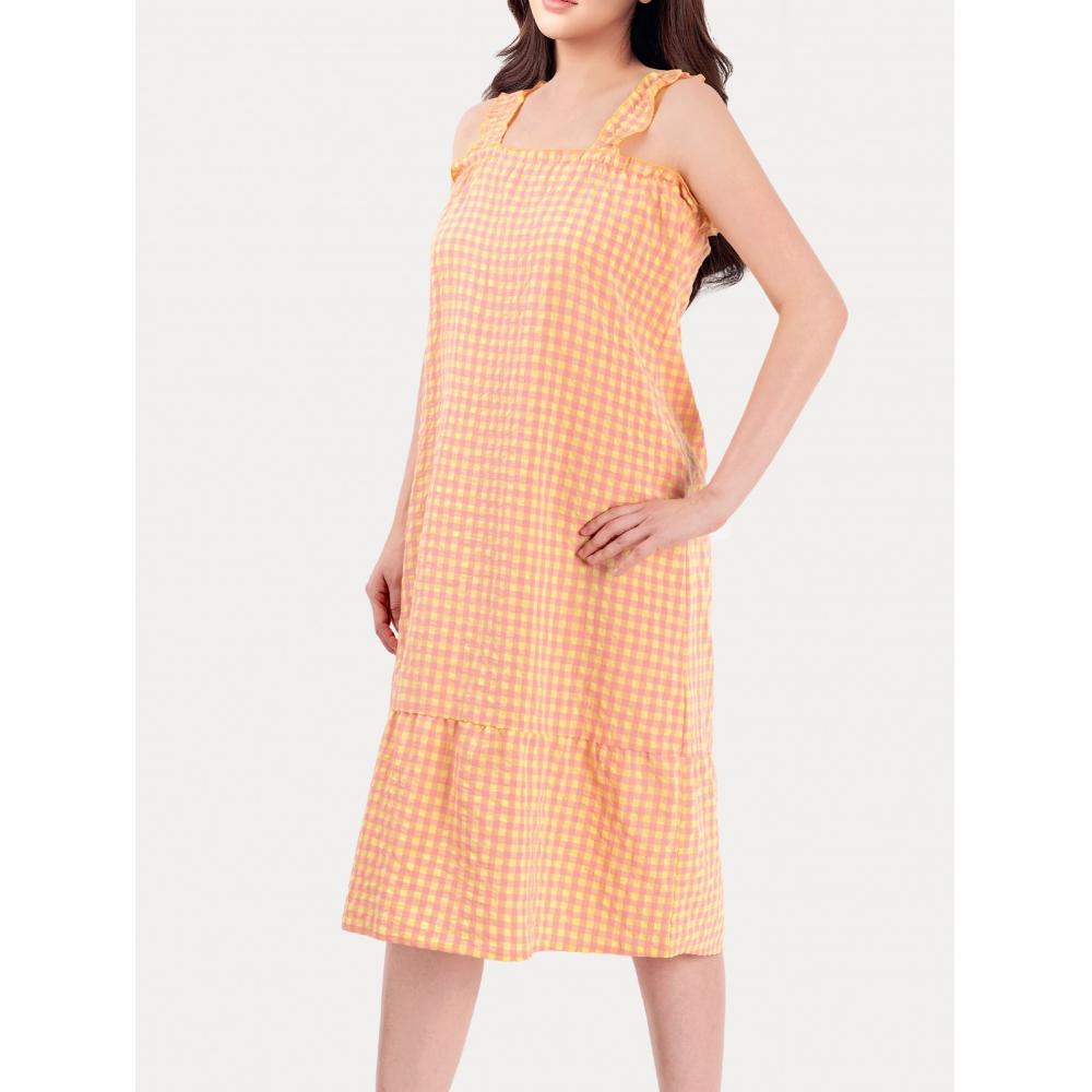 

Daiso Shoulder Banding Check Dress Orange