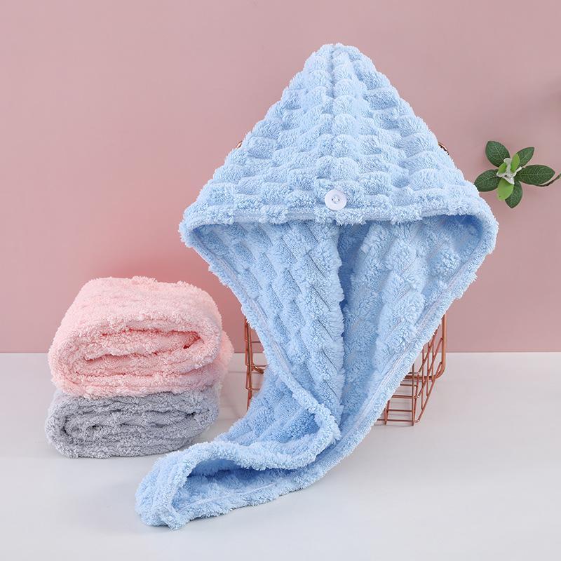 1Pc Coral Fleece Hair Drying Turban With Button Absorbent Soft Fast Drying For Wet Hair After Shower Home Use