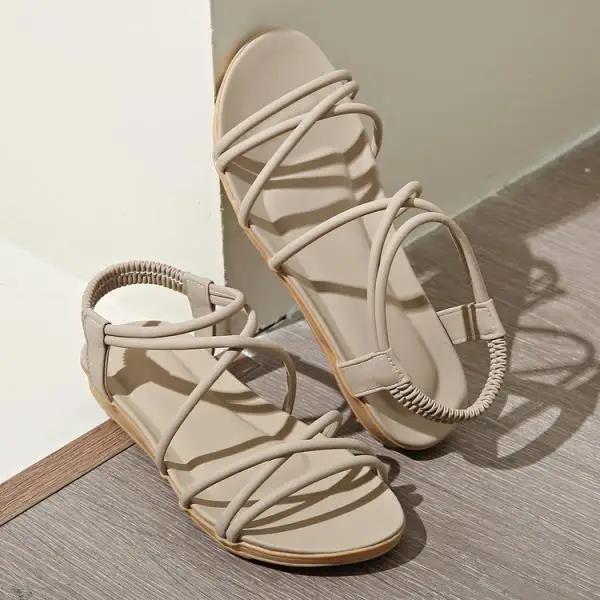 Fashion Womens Shoes 2025 Large Size Cross Cross-Shoes Flat Sandals Summer Heels Suit Female Beige Luxury New Big Without Girls