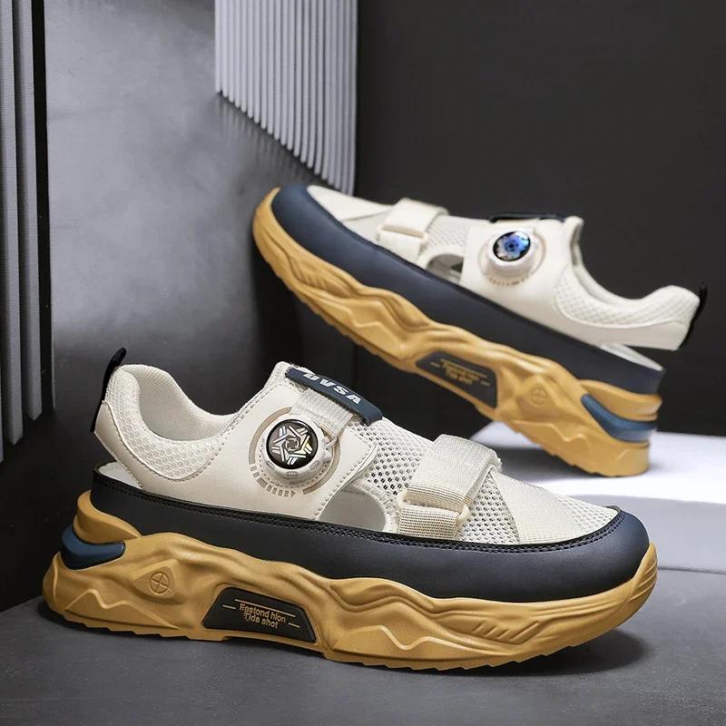 

Летние сандалии 2025 Мужские шлепанцы с вращающейся пряжкой Удобная пляжная обувь Легкие Противоскользящие Сетчатые Полые Кроссовки Мужская обувь 39 хаки