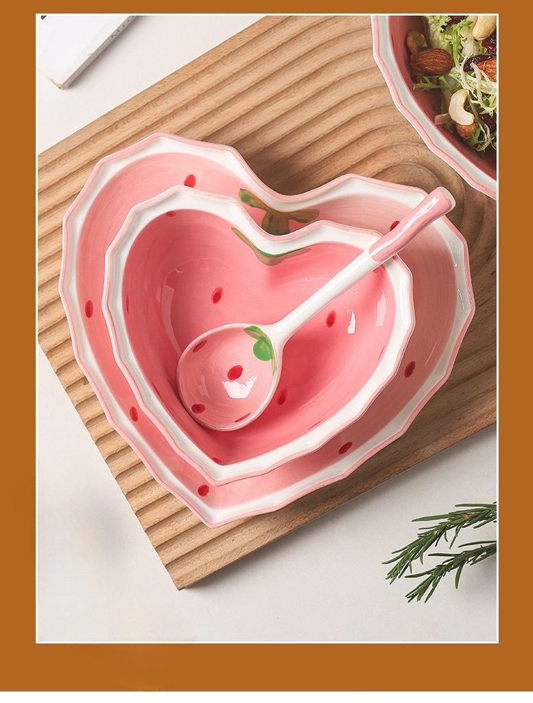 Strawberry Bowl Spoon Plate Set Salad Love Shaped Bowl Household Utensils Ceramic Bowl Strawberry Dessert White Porcelain