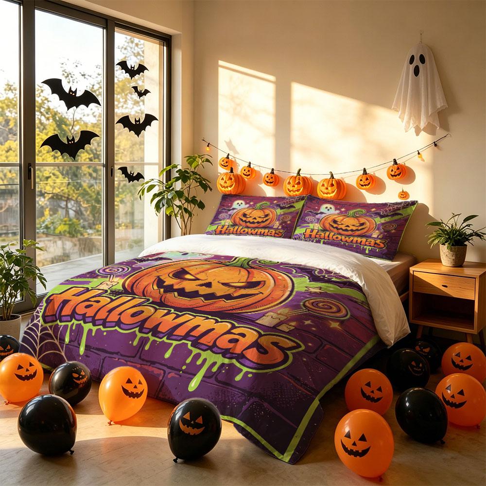 Halloweenmas Pumpkin Ghost Brick Wall 3Pcs Duvet Cover Set Spooky Witchy Holiday Bedding Set Decor