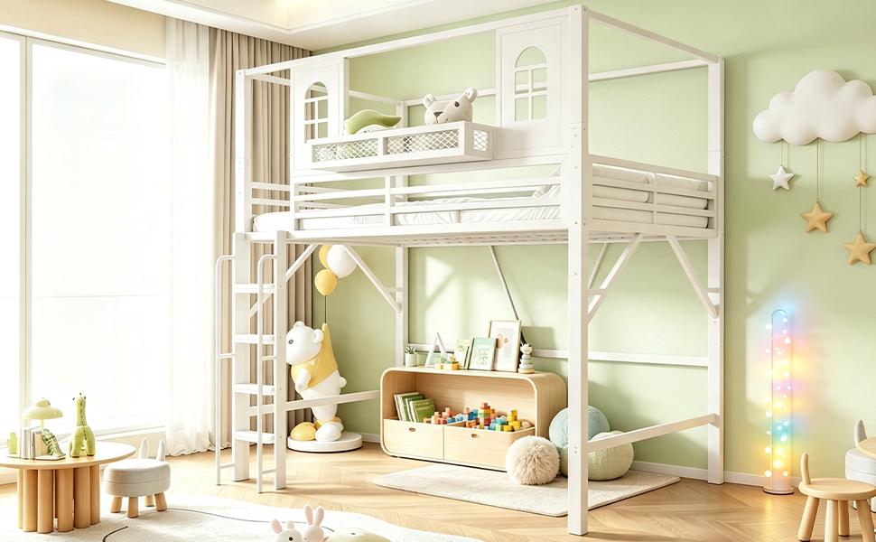 Litera Alta Infantil 90 x 200 cm con Diseño de Tejado, Litera Metálica con Escalera de Seguridad, Compartimento de Almacenamiento, Multifuncional, para Habitaciones Juveniles Blanco