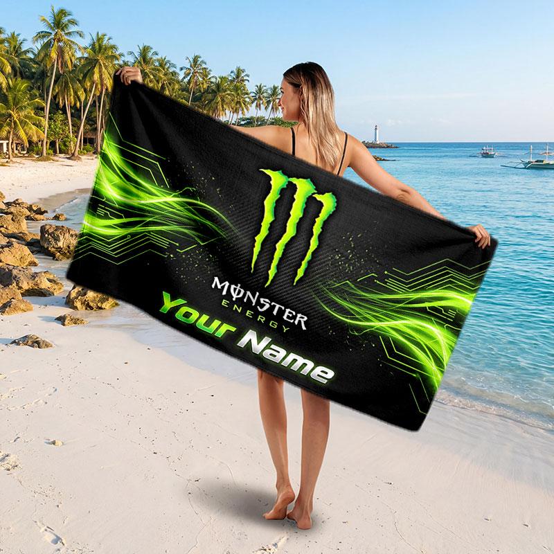 Monster Energy Kişiye Özel İsim Yazılı Plaj Havlusu, Yumuşak Emici Havlu Plaj Havuz Seyahat Kişisel Hediye