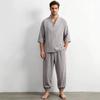 Mens Chinese Style Loose Cotton Linen Two Piece Set V Neck T Shirt Long Pants