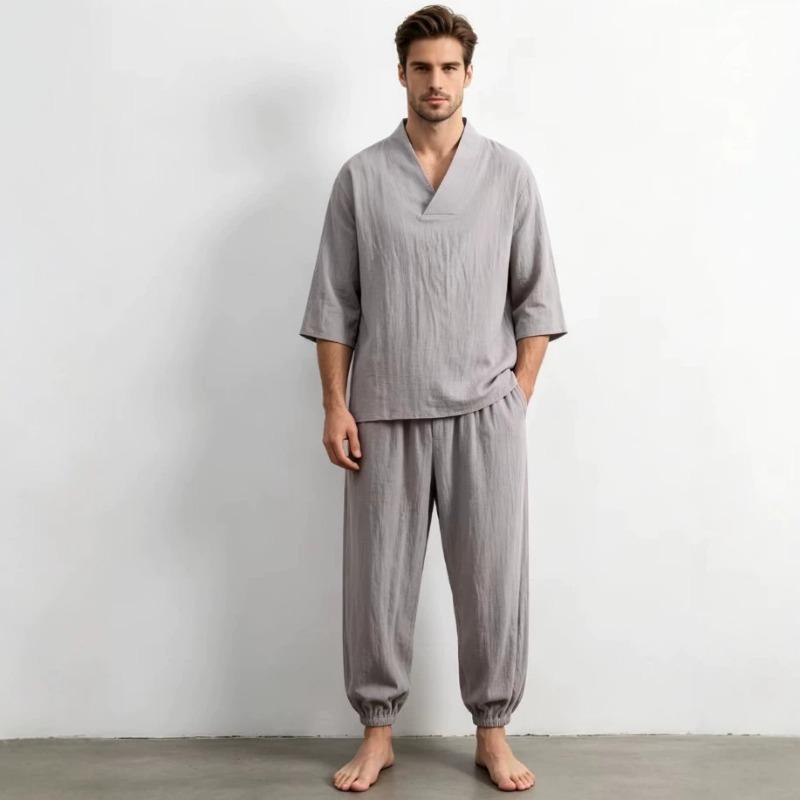 Mens Chinese Style Loose Cotton Linen Two Piece Set V Neck T Shirt Long Pants