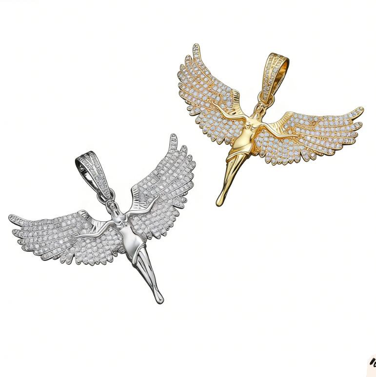 Hip Hop Koperen Set met Zirconia Engelenvleugel Hanger Krokante Ketting Europese en Amerikaanse Modemerk Persoonlijkheid Mannen Ketting