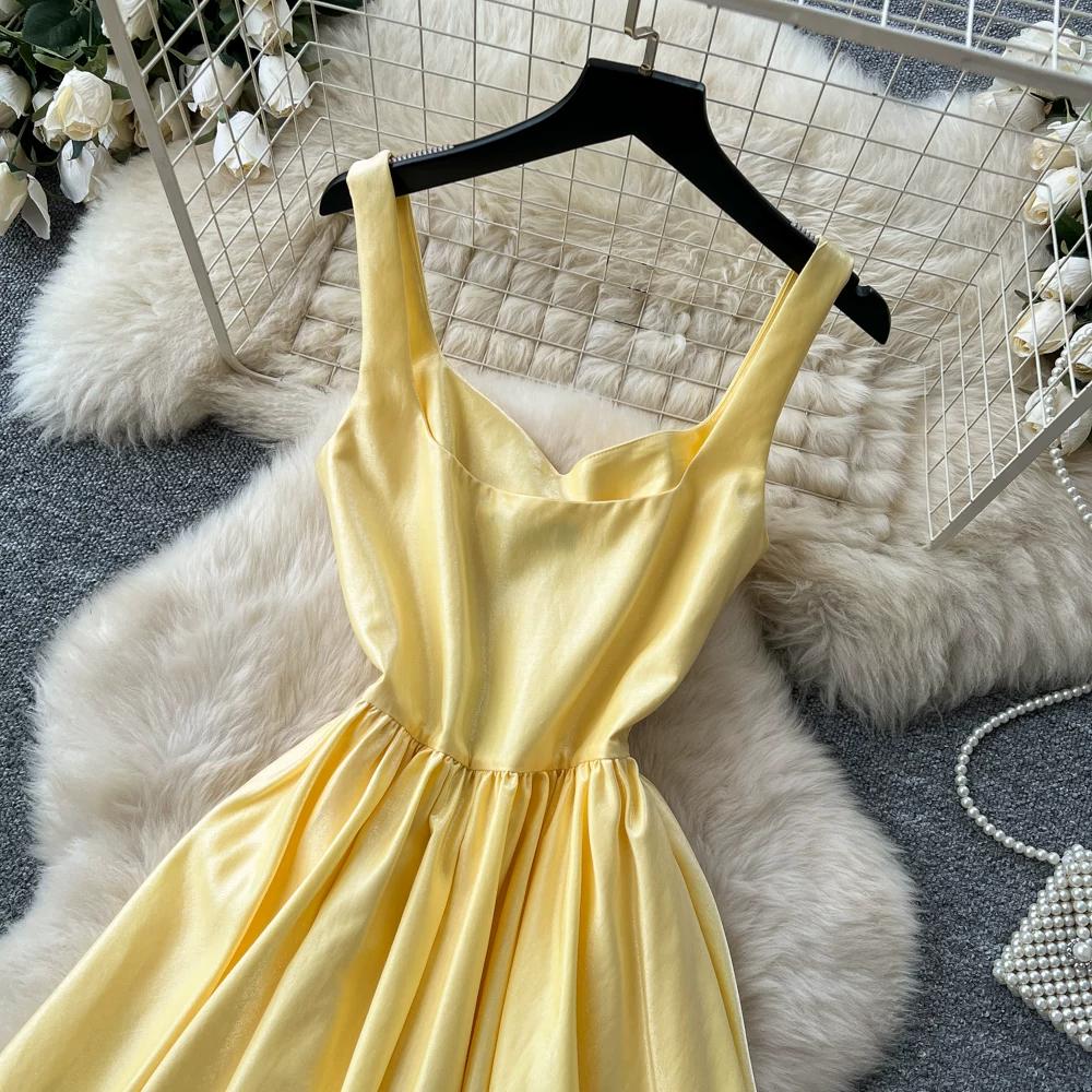 Women's Elegant White Satin Long Dresses Wedding Guest Cocktail Evening Party Dress Square Neck Sleeveless Slim Long Dress