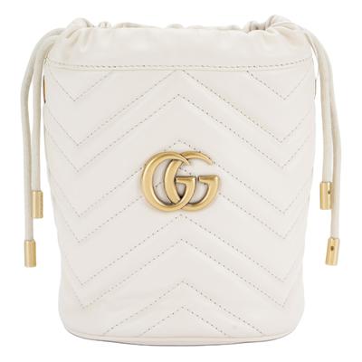 Gg Marmont Zlaté Logo Stahovací Uzavírání Řetízkové Prošívaná Kožená Vědro Taška Crossbody Taška Mini Dámská Bílá