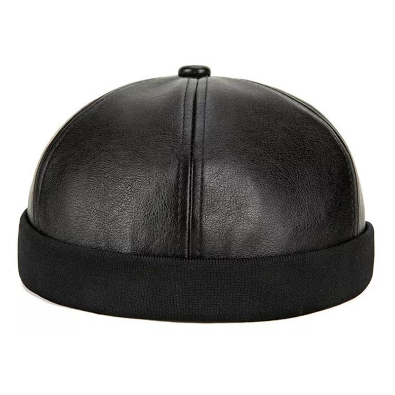Berretto da uomo in pelle, berretto da marinaio senza tesa, berretto hip hop con risvolto, caldo berretto beanie