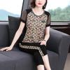 Summer 2023 Women's Mesh Splicing Short-Sleeve Cropped Pants Set - Fashionable Large Size Mother's Suit