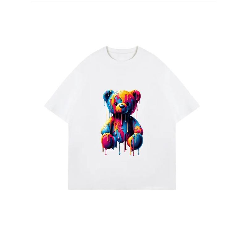 White Oversized T Shirt With Colorful Dripping Paint Bear Print For Casual Wear