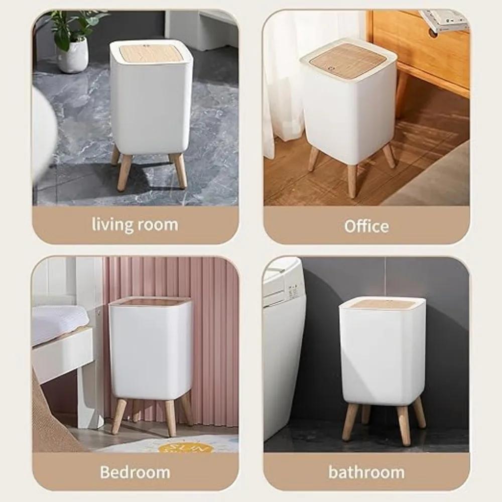 Trash Can with Lid Press Dustbin for Living Room Toilet Bathroom Kitchen Garbage Bucket High Foot Imitation Wood Rubbish Can
