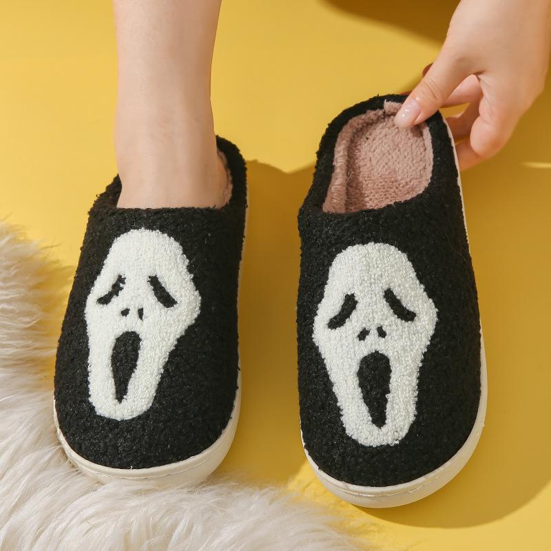 Winter Skull Print Halloween Plush Lined Warm Bag Toe Shoes Plush Home Indoor Cotton Slippers