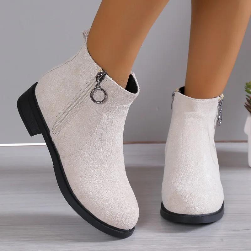 Fashion 2024 Spring and Autumn Hot Selling Women's Shoes Fashion Solid Color Round Toe Low Heel Short Side Zipper Women's Fashion Boots