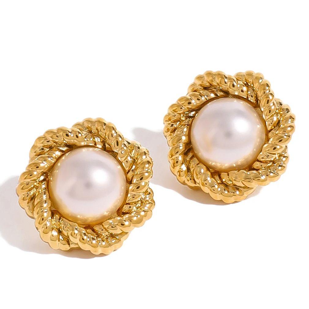 Youthway Elegant Stainless Steel Glossy Shine Shell Pearl Twist Texture Stud Earrings For Women Waterproof Jewelry Gift