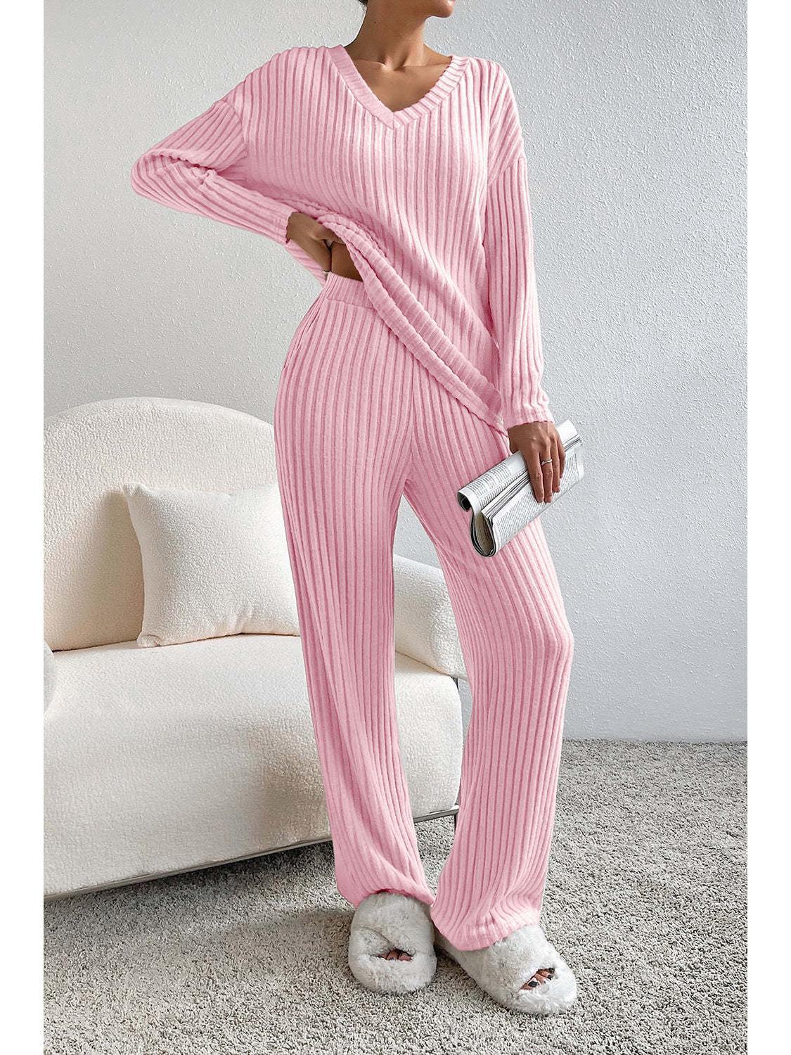 

Женский вязаный комплект из двух предметов осень 2024 г.: Повседневный топ с V-образным вырезом и прямые брюки с полосатым узором S розовый