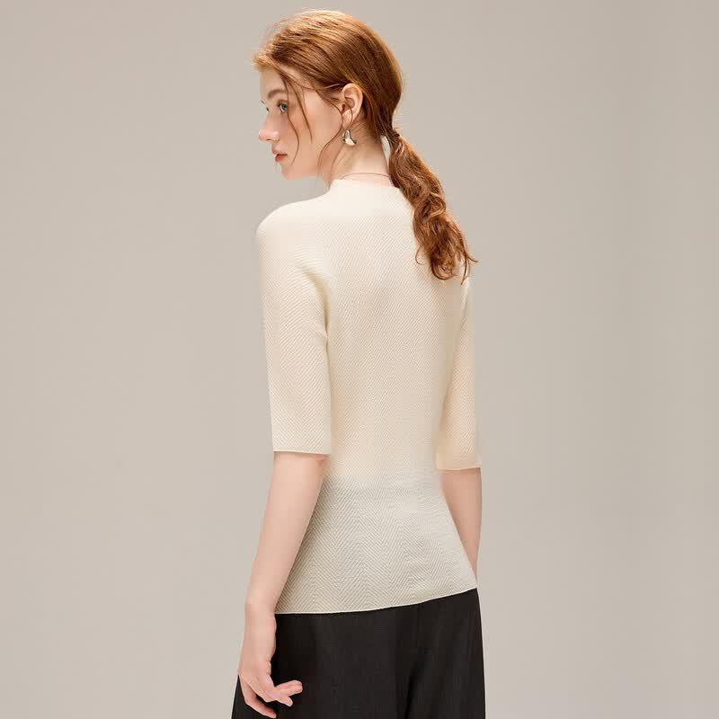 TUHUANG Women's Fine Merino Wool Fishbone Mock Neck Sweater