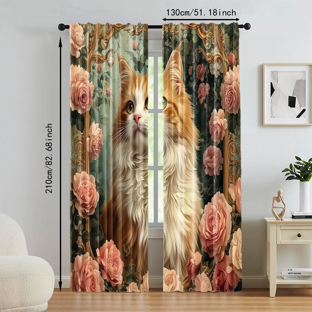 2 Pcs   Versatile Polyester Transparent Curtains for Home Decoration Rose Cat for Use In Bedrooms and Living Rooms