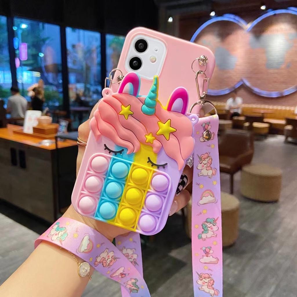 3D Cartoon Reißverschluss Geldbörse Handyhülle Für iPhone 8 7 6 6s 5 Plus X XR XS Max SE Lanyard Riemen Halskette Einhorn Blasen Hülle
