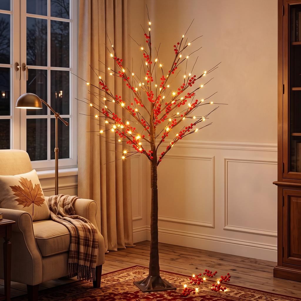 Artificial Birch Tree 150 cm with 96 Warm White LED Lights Red Berries Timer and 12 Flexible Brown Branches