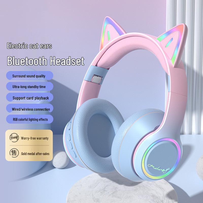 Luminous Cat Ear Bluetooth 5.3 Headphones with Card Slot for Gaming and Online Classes