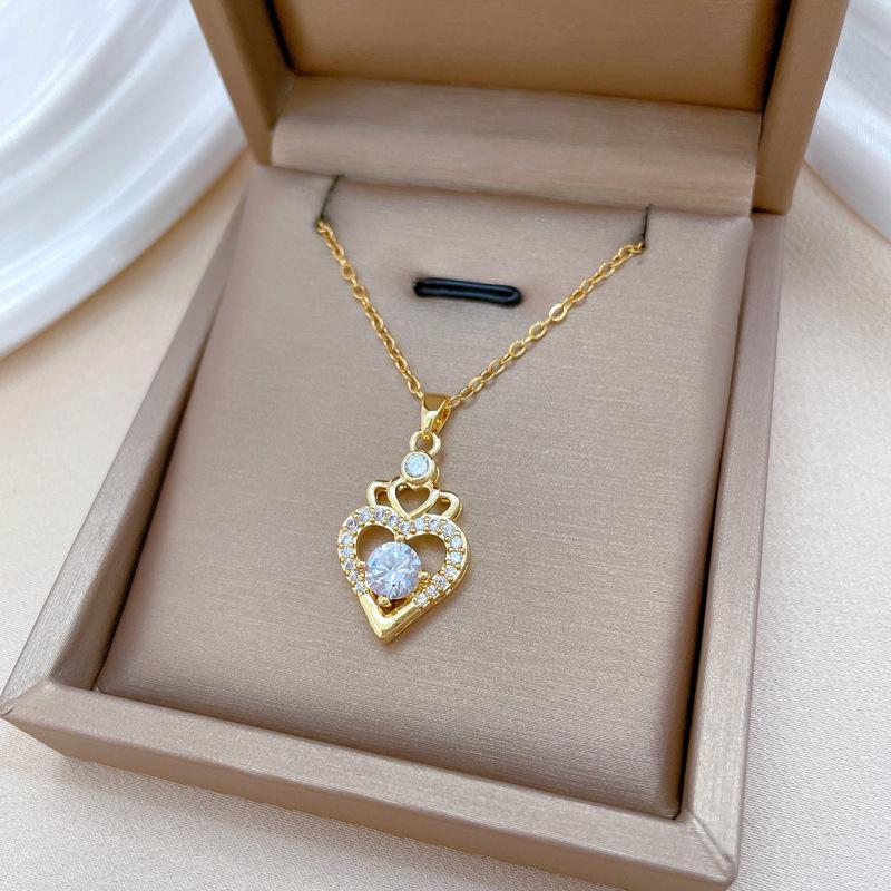 Crown Empty Love Temperament Gorgeous Full Diamond Necklace Female Versatile Collarbone Chain Titanium Steel Chain