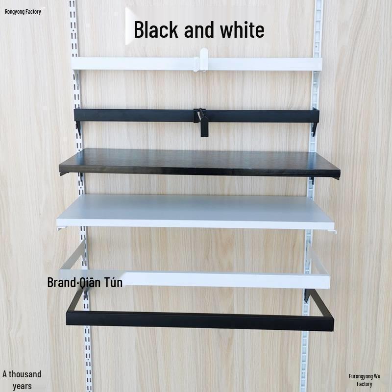 Black & White Clothing Store Stainless Steel Wall-Mounted Display Rack with Side Hooks and Shelving Brackets