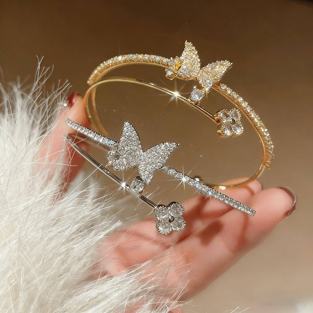 1pc Butterfly diamond-embellished open bracelet, light luxury sparkling diamond thin ring bracelet, available in two colors, exquisite and simple