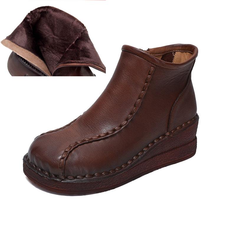 Johnature Retro Soft Soled Wedges Short Boots Genuine Leather Women's Shoes Round Toe Plush Cotton Boots