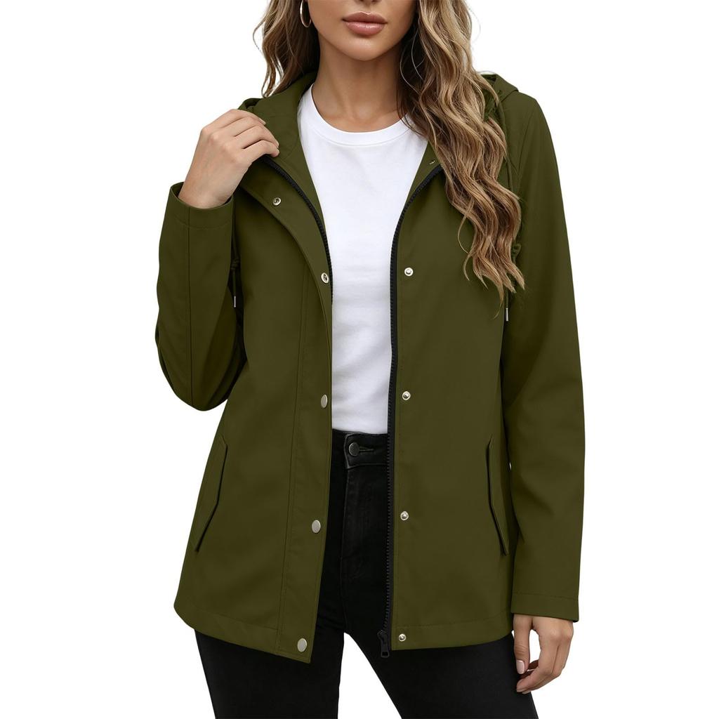 Wasserdichte Winddichte Kapuzenjacke für Damen mit durchgehendem Reißverschluss, Leichter atmungsaktiver Outdoor-Regenmantel, Shell mit verstellbarer Kapuze und Taschen