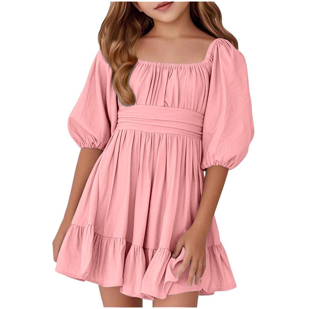Summer Children's Ruffled Square Collar Lace-up Fashion Dress For Girls