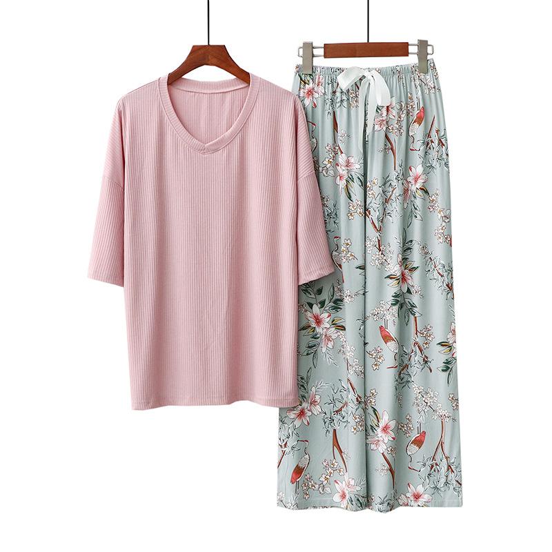 Sommer Damen Pyjama Sets Modal Kurzarm T-Shirts und Weitbein Hosen Heiß Lässig Homewear 2-teiliges Anzug Damen Nachtwäsche